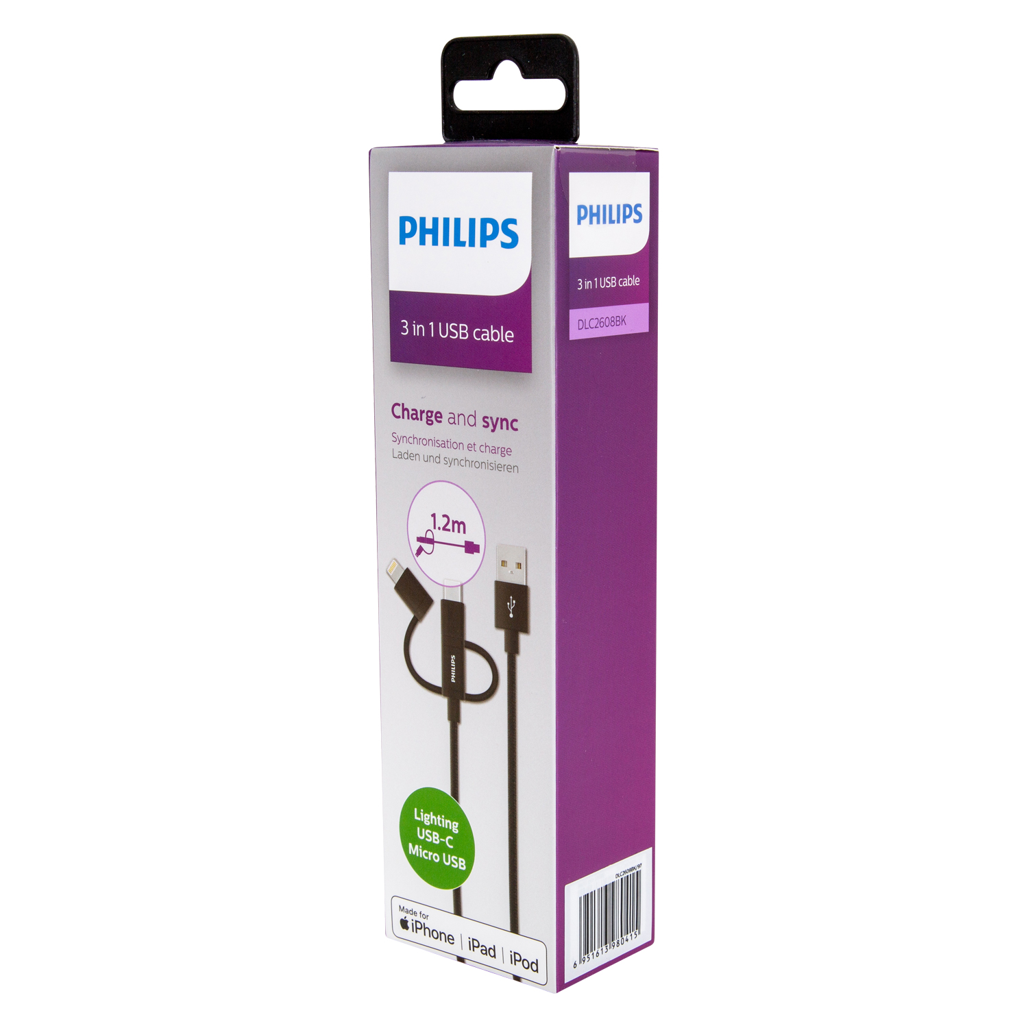 Cabo de dado Philips 3 em 1 - Lightning , Micro Usb , Tipo C Preto DLC2608BK/97
